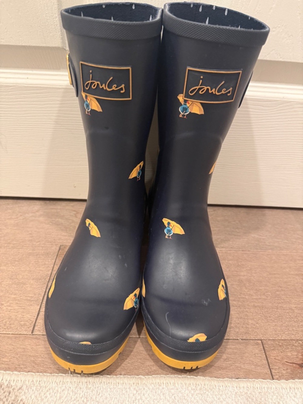 Joules Molly mid height wellies navy ducks holding umbrella rain boots size 8